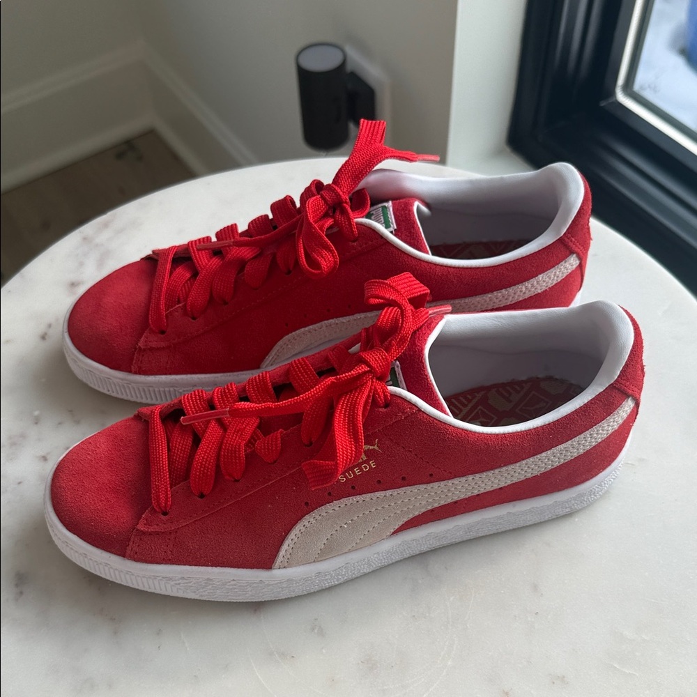 Puma Red and White Suede Sneakers